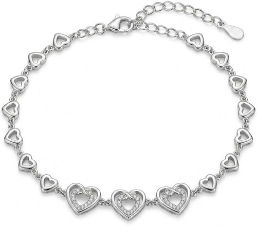 Silvme 925 Sterling Silver Heart Link Bracelet for Women | Valentine CZ Charm Bracelet - Front View