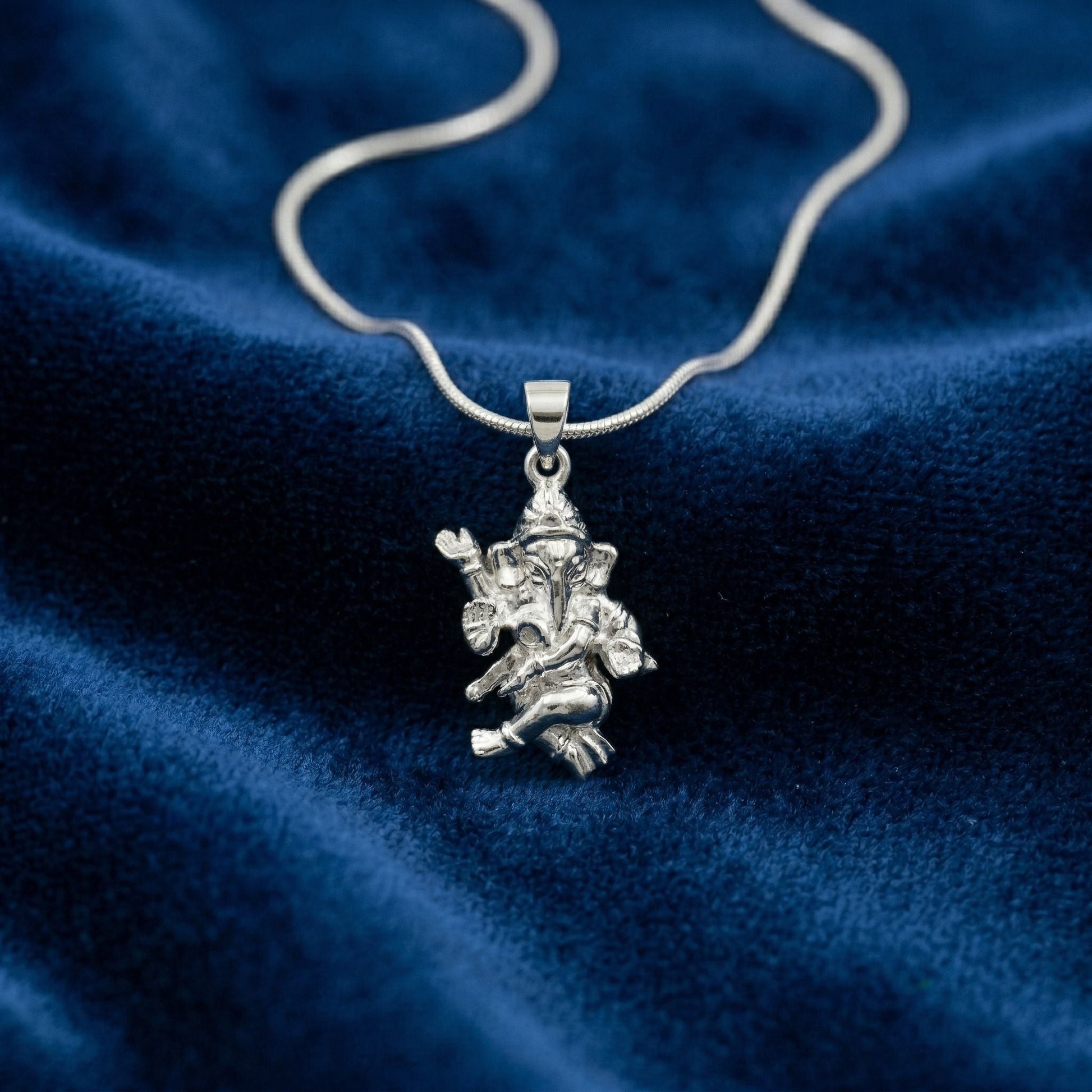 Shri Ganesh design detail on the Silvme Shri Ganesh Pendant, crafted in polished 925 sterling silver