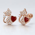 Silvme Pure 925 Silver Cat & Heart Red Enamel CZ Stud Earrings for Women | Silvme 925 Sterling Silver