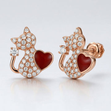Cat & Heart Red Colour-Block Stone-Set Stud Earrings, front product view