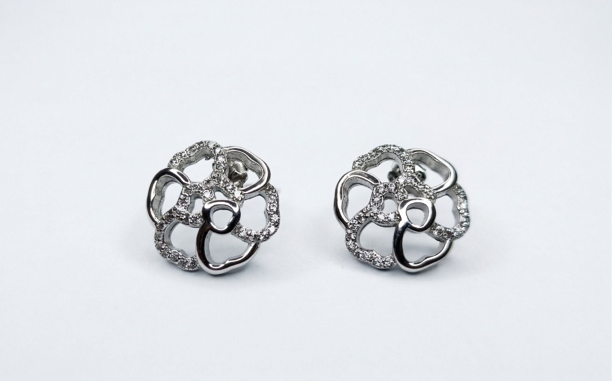 Open-Petal Camellia Stone-Set Stud Earrings, front product view