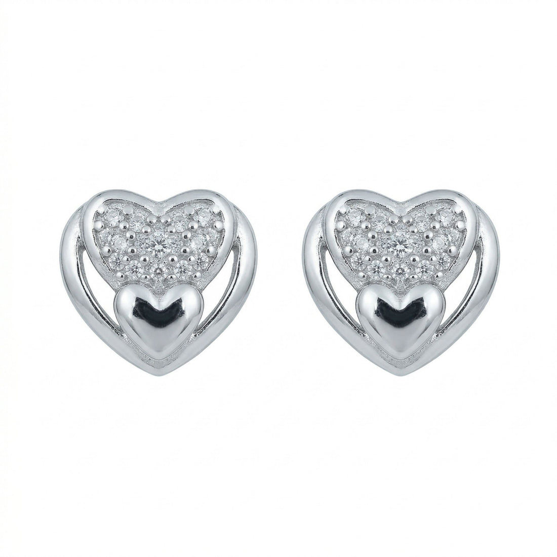 Silvme Double Heart Pavé CZ Stud Earrings in 925 sterling silver set with cubic zirconia, jewellery for women