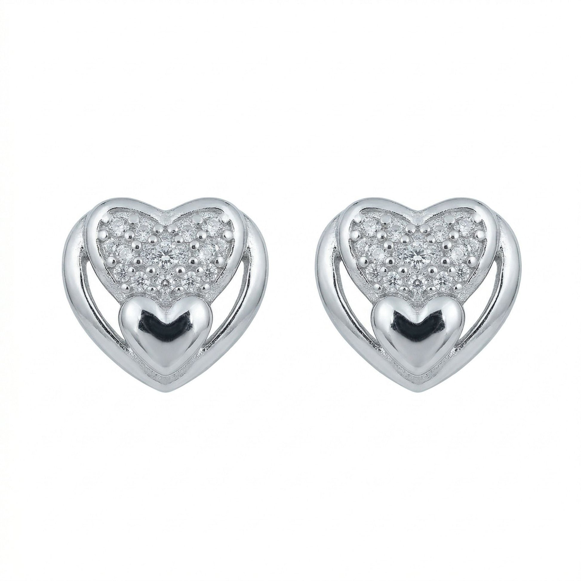 Nested Double-Heart Stone-Set Stud Earrings, front product view
