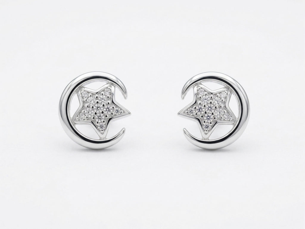 Silvme Pure 925 Silver Star & Crescent Moon Pavé CZ Stud Earrings for Women | Silvme 925 Sterling Silver
