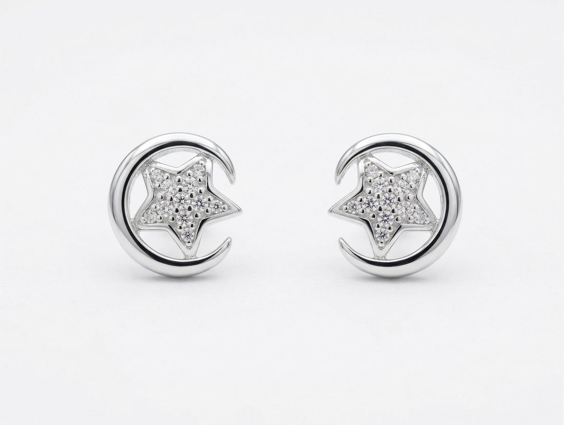 Silvme Star & Crescent Moon Pavé CZ Stud Earrings set with cubic zirconia, crafted in 925 sterling silver for women