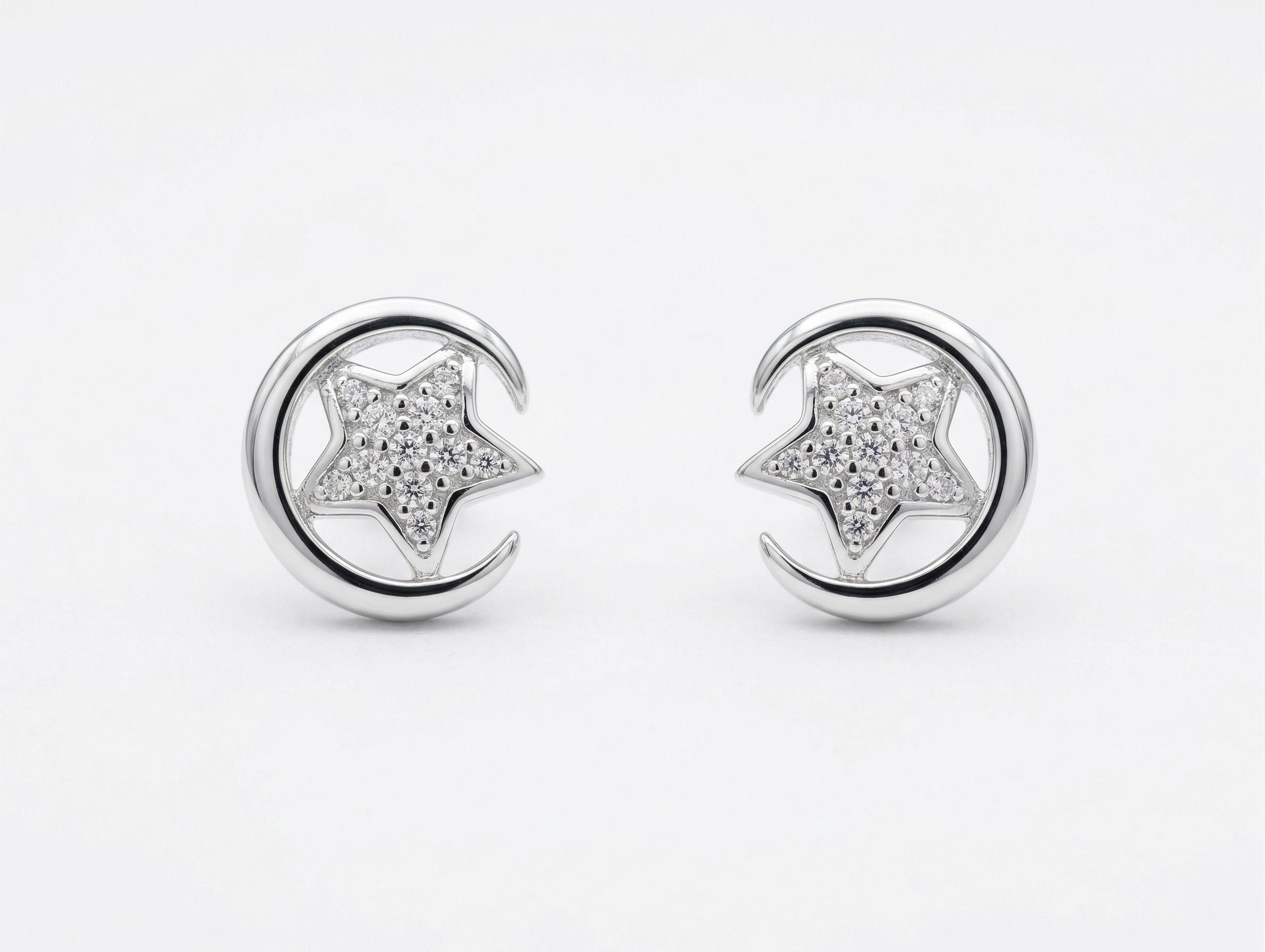 Silvme Pure 925 Silver Star & Crescent Moon Pavé CZ Stud Earrings for Women | Silvme 925 Sterling Silver