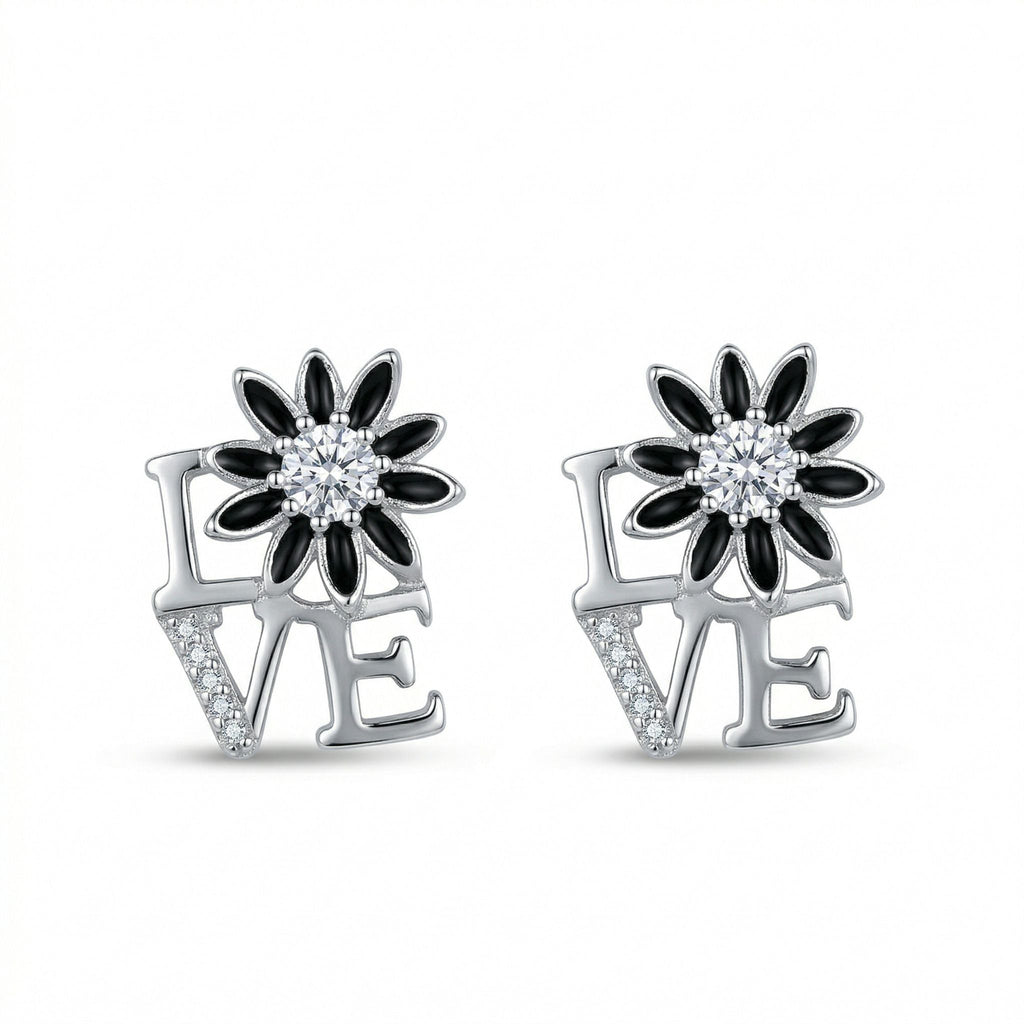 Silvme Pure 925 Silver LOVE Script Daisy CZ Stud Earrings for Women | Silvme 925 Sterling Silver