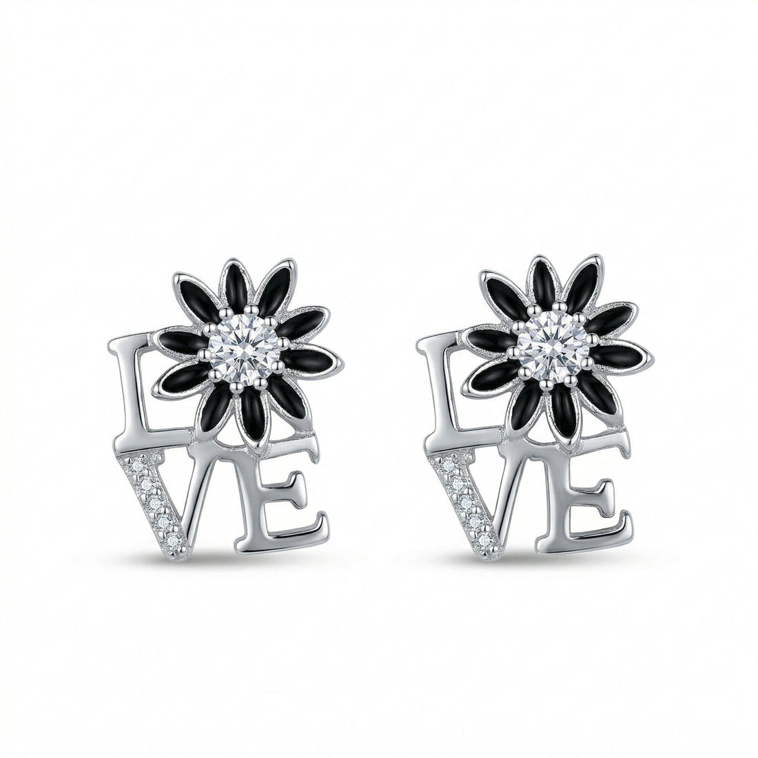 925 sterling silver LOVE Script Daisy CZ Stud Earrings by Silvme accented with sparkling cubic zirconia, an elegant accessory for her
