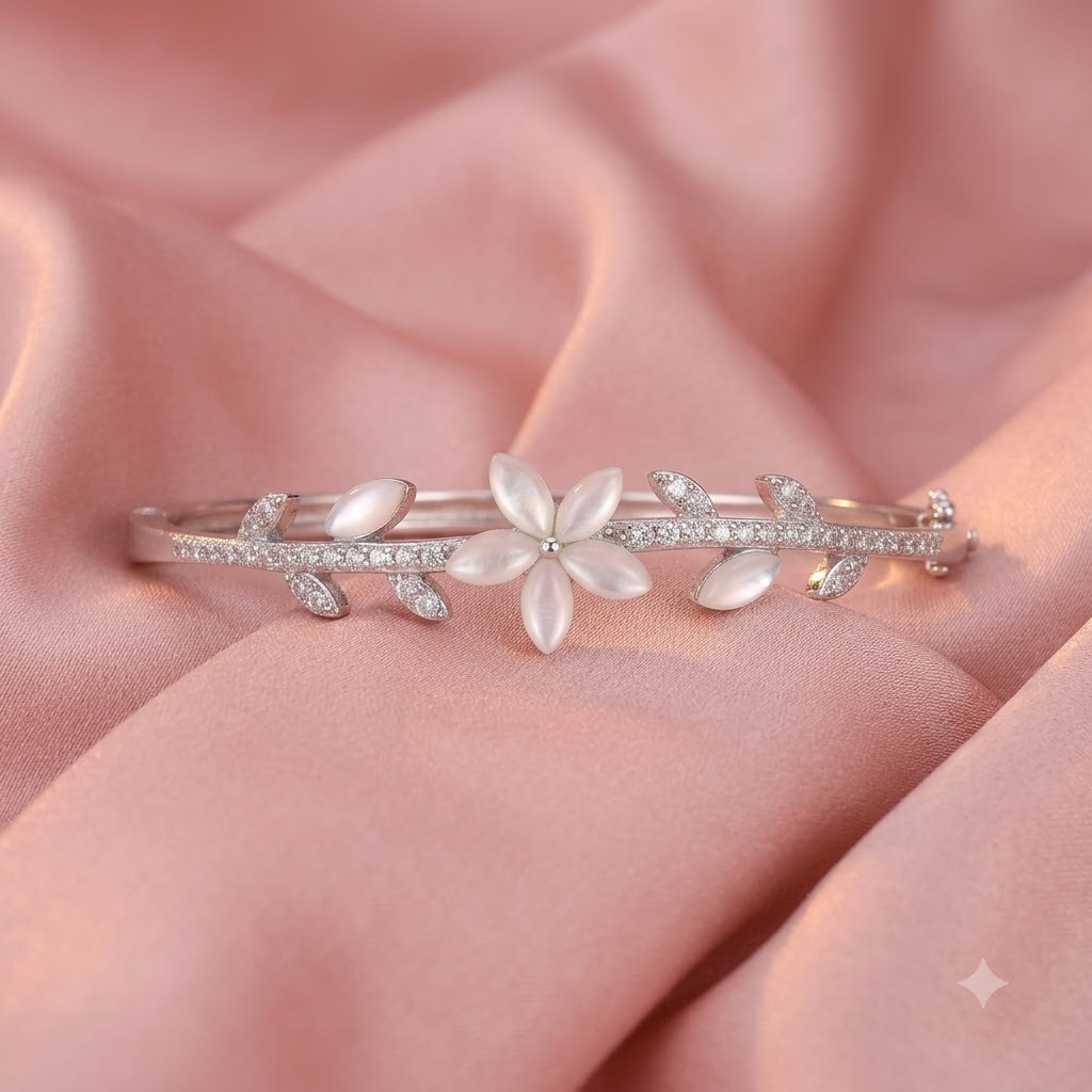 925 Sterling Silver Blooming Flora Mother-of-Pearl Hinged Bangle