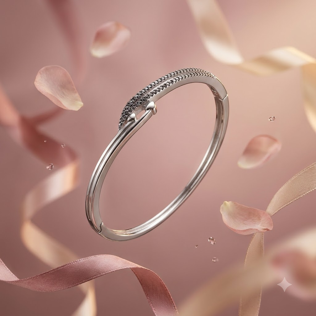 925 Sterling Silver Twin Hearts Pave Hinged Bangle