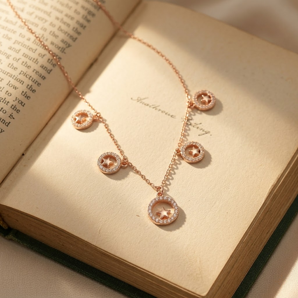 925 Sterling Silver Rose Gold Celestial Pavé Star Charm Necklace