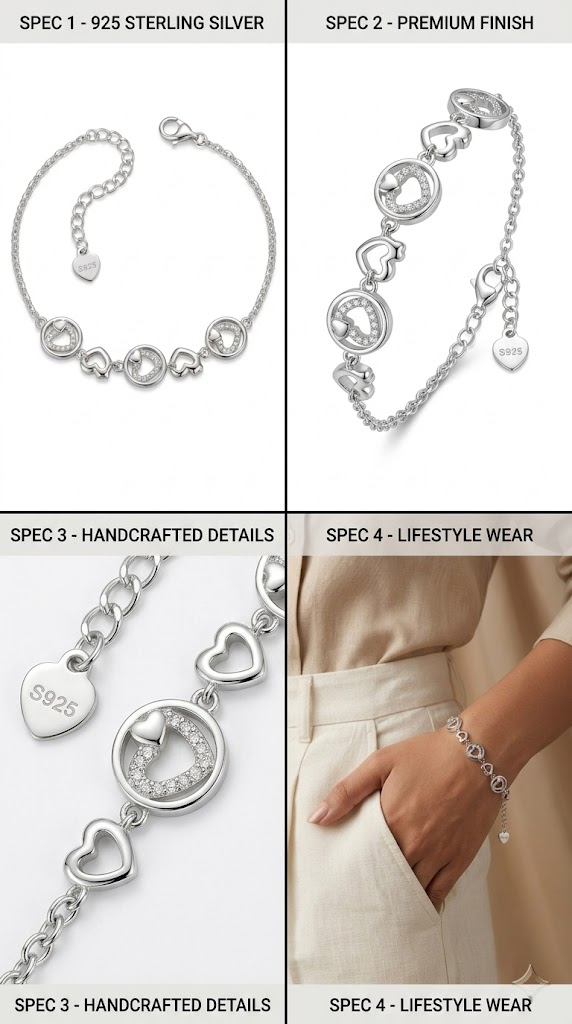 Silvme 925 Sterling Silver Heart & Charm Bracelet Set for Women | Adjustable Dainty Designer Bracelet