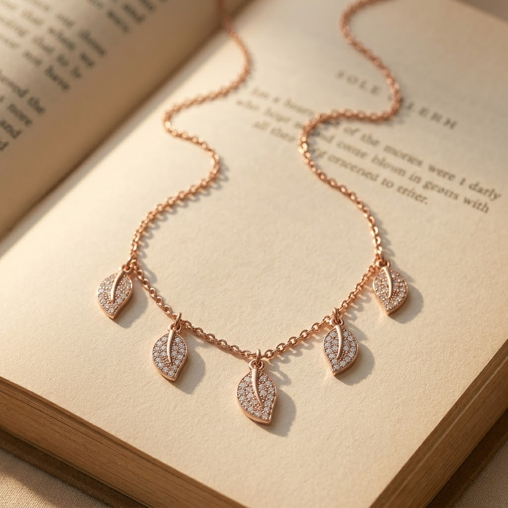 Rose gold leaf pendant necklace with pavÃ©-set clear stones, displayed on an open vintage book.