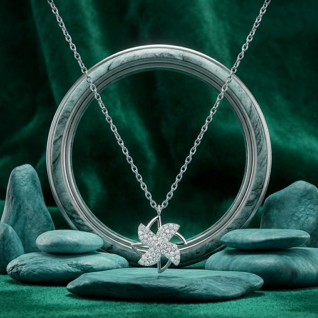 Silvme Pinwheel Flower Pendant Necklace in 925 silver, ready for wedding jewellery, minimal modern styling