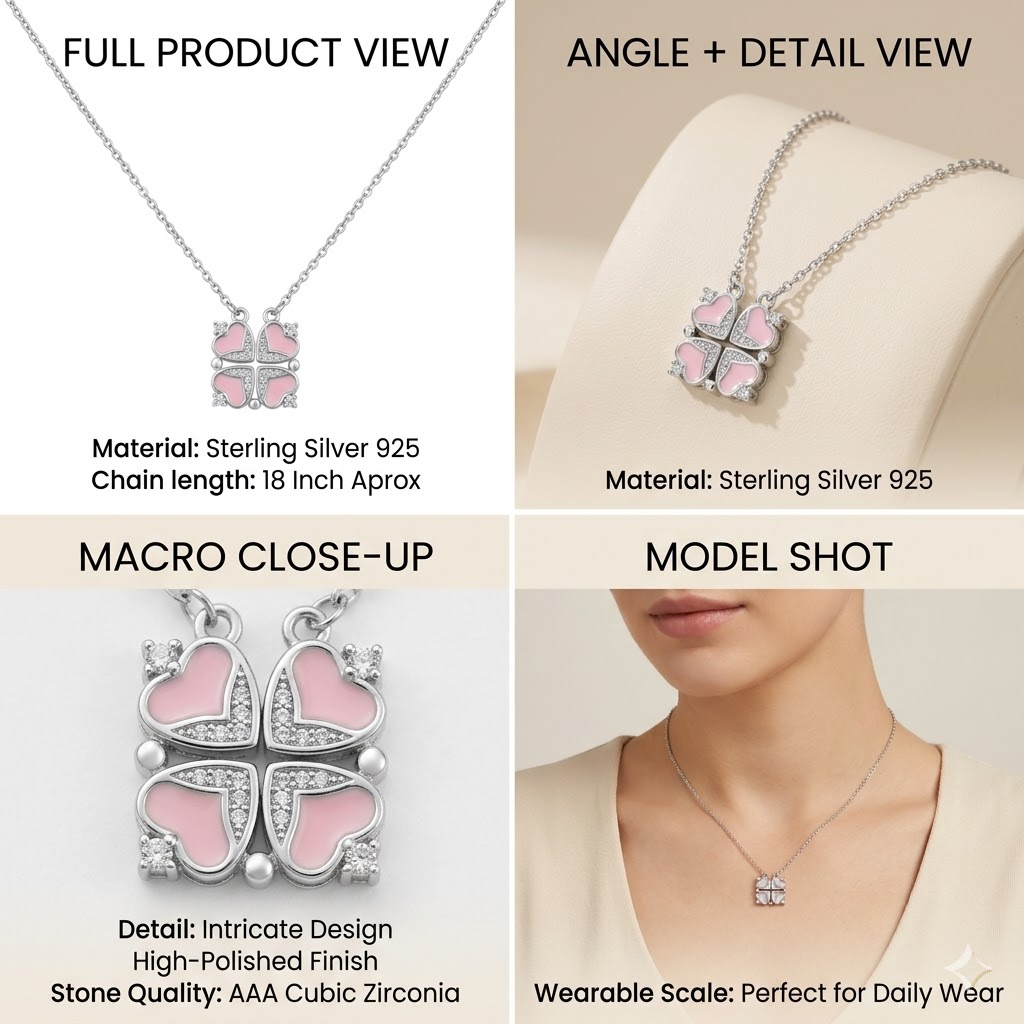Silvme Clover Heart Pendant Necklace with anti-tarnish finish, refined 925 sterling silver chain pendant